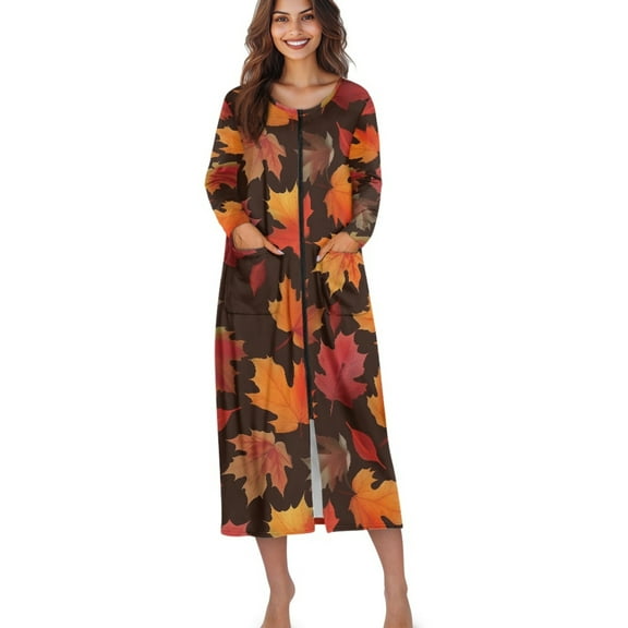 Xoenoiee Maple Leaves Print Women Zip Up Robe Thanksgiving Long Sleeve Housecoat Soft Zipper Front Nightgown Loungewear Nightdress with Pockets, Size 3XL