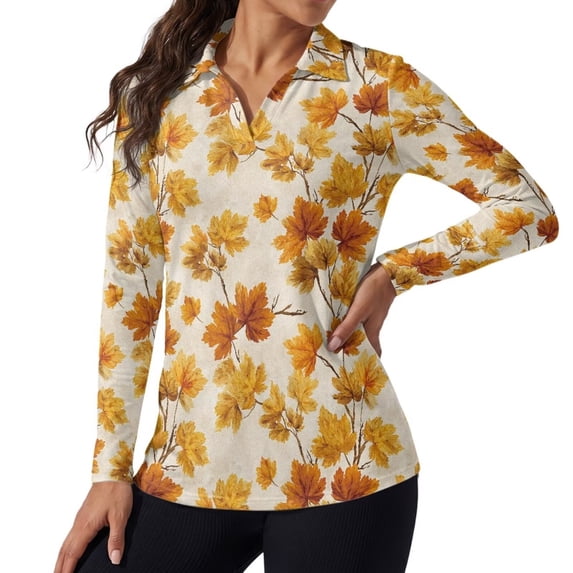 Xoenoiee Maple Leaves Print Womens Golf Shirt Long Sleeve Polo Shirts Thanksgiving UPF 50+ Tennis Top V-Neck Workout Tops Collared Activewear T-Shirts Pullover Golf Outfits, M