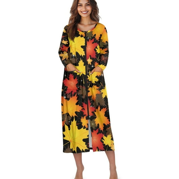 Xoenoiee Maple Leaves Print Womens Robe Long Zipper Front Bathrobe Thanksgiving Full Length Housecoat Soft Nightgown Sleepwear Nightdress for Ladies, M