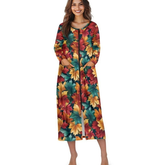 Xoenoiee Maple Leaves Print Zip Up Robes for Women Long Bathrobe Thanksgiving Lightweight Full Length Housecoat with Pockets Stretchy Nightgown Nightdress, Size 2XL