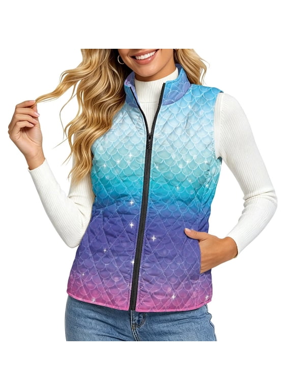 Mermaid Scale Star Gradient Print Women Quilted Puffer Vest Stand Collar Full Zip Sleeveless Waistcoat Lightweight Jacket Warm Windproof Layering Outerwear for Fall Winter Outdoor, L