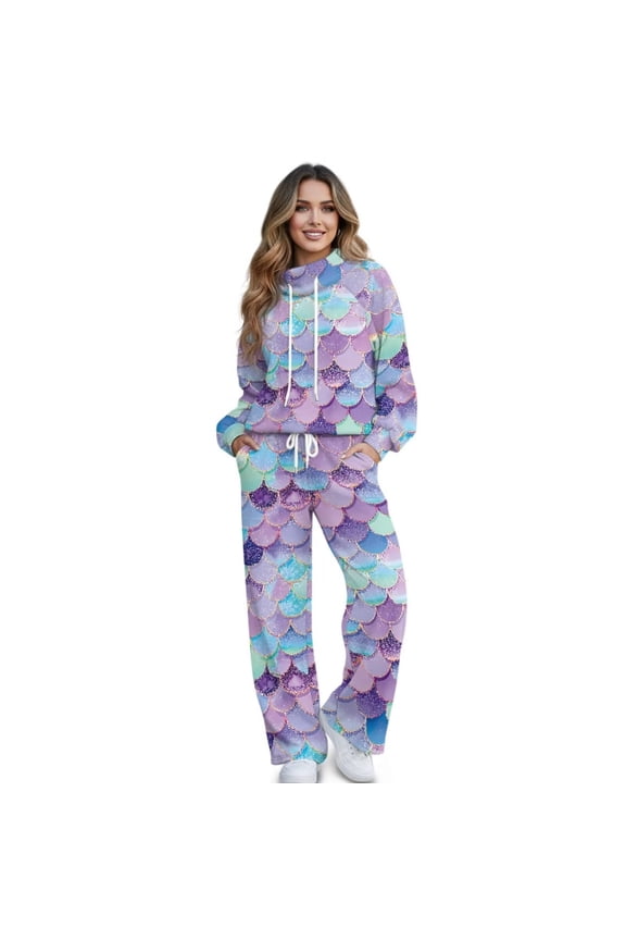 Mermaid Scales Print Two Piece Sets for Women Collared Matching Sets Loungewear Fall Clothes Travel Outfits Fashion 2026, Size S