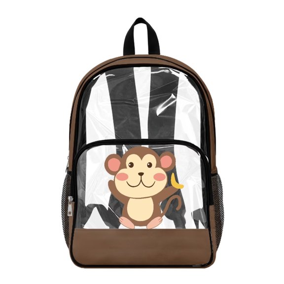 Xoenoiee Monkey Banana Print Clear Backpack for Girls Large Capycity Clear Bookbag with Multi-Pockets PVC Transparent Backpack See Through Schoolbag for Elementary Middle School