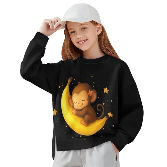 Xoenoiee Monkey Banana Star Print Oversized Sweatshirts for Girls, Crewneck Long Sleeve Casual Pullover Top with Side Split, Loose Fit Y2K Aesthetic Fall Winter Clothes, 11-12 Years