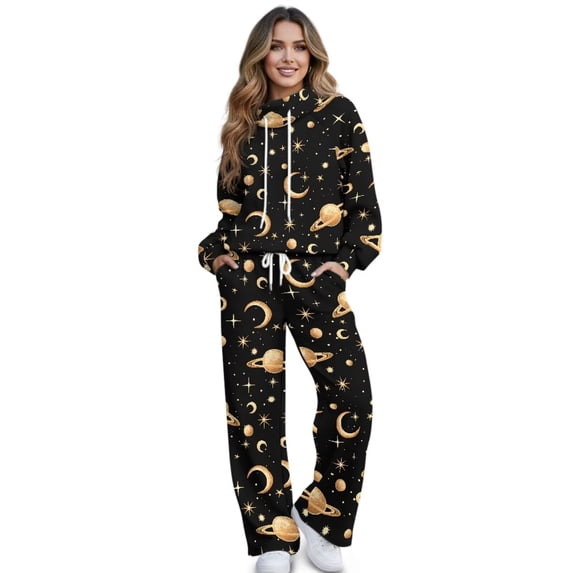 Xoenoiee Moon Star Space Universe Print Sweatsuits for Women 2 Piece Outfit Track Suit Long Sleeve Pullover High Neck Sweatshirt Baggy Jogger Sweatpants Lounge Sets, Size M
