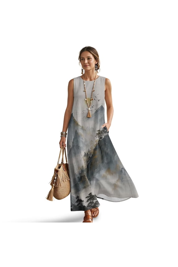 Mountain Pine Tree Cloud Sunset Print Women's Summer Sleeveless Maxi Dress, Cotton Linen Loose Fit Casual Long Sundress with Pockets, Lightweight Breathable Beach Vacation Outfits 2026, S