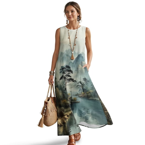 Xoenoiee Mountain Pine Tree Print Summer Dresses for Women 2026 Linen-Like Vacation Maxi Dress, Boho Beach Sundress with Pocket, Loose Fit Sleeveless Fashion Clothing for Resort Wear, 2XL