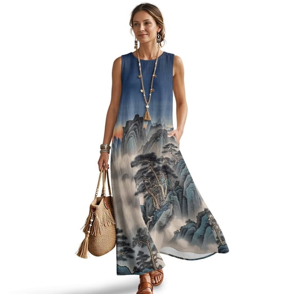 Xoenoiee Mountain Pine Tree Sunset Print Summer Dresses for Women 2026, Vacation Outfits Casual Sleeveless Sundress Resort Wear, Cotton Linen Lightweight Maxi Dress with Pockets, 4XL