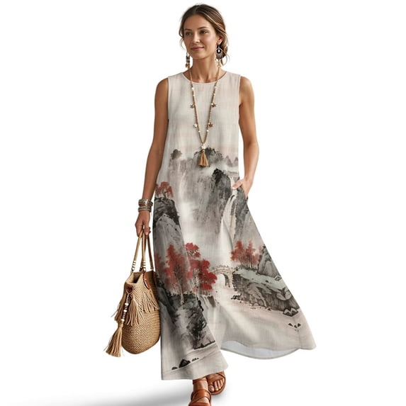 Xoenoiee Mountain Waterfall Maple Tree Print Summer Dresses for Women 2026, Ink-Wash Sleeveless Crewneck Maxi Dress with Pockets, Cotton Linen Loose Fit Sundress for Beach Vacation Resort Wear, XL