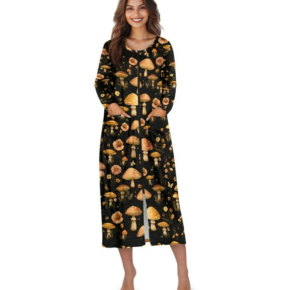 Xoenoiee Mushroom Butterfly Flower Print Women Zipper Robe Long Sleeve House Coats Robes Soft Bathrobe with Pockets Lightweight Nightgown Plus Size, Size M
