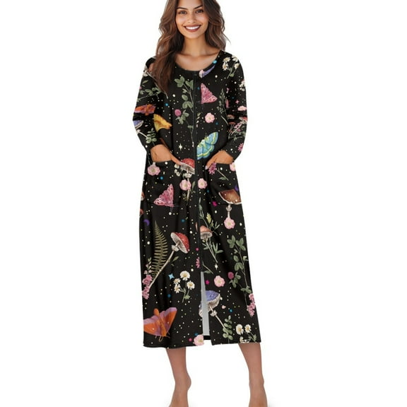 Xoenoiee Mushroom Butterfly Flower Print Zipper Front Robes for Women Zipper Nightgown Long Housecoat Lightweight Bathrobe with Pockets, M