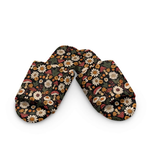 Xoenoiee Mushroom Daisy Leaves Print Slippers for Women, Memory Foam Soft Warm Slip On Open Toe Cotton House Slippers, Anti-Skid Cozy for Indoor Outdoor Slippers, 9-10 Women/8-9 Men
