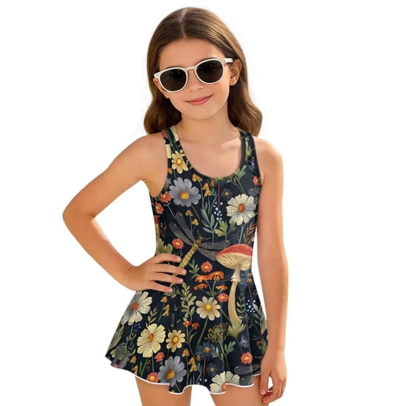 Xoenoiee Mushroom Dragonfly Daisy Flower Print Girls Swim Dress Sleeveless Swimwear One Piece Swimsuit with Skirt, UPF 50+ Toddler Kids Bathing Suit for Beach, Size 3-4 Years