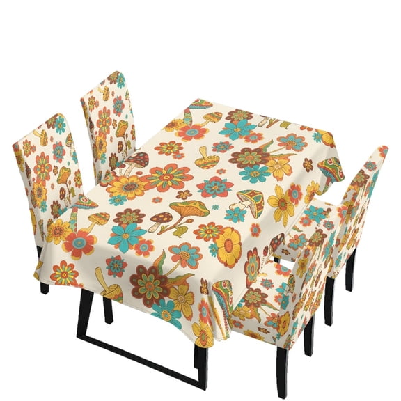 Xoenoiee Mushroom Flower Pattern 5 Pcs Table Cover and Seat Slipcover Rectangle Tablecloth and Dining Chair Covers with Elastic Edge Furniture Decor for Home Kitchen