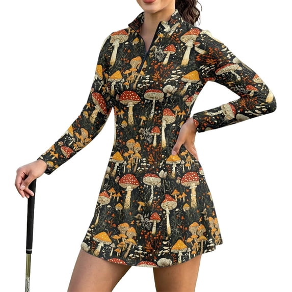 Xoenoiee Mushroom Flower Pattern Women's Golf Tennis Dress Long Sleeve Workout Athletic Dresses for Women with Shorts and Pockets 2 Piece Sets Golf Outfits Summer Clothes, L