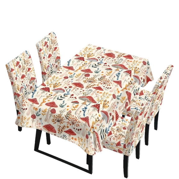 Xoenoiee Mushroom Leaves Pattern Table Cloth and Chair Covers Set 5-Piece Stretch Fit Tablecloth and Chair Slipcovers for Dining Room Holiday Kitchen Home Party Ceremony Decor