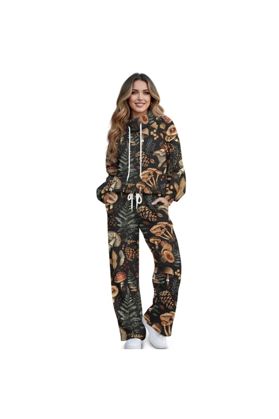 Mushroom Leaves Print Lounge Sets for Women Fall 2026 Loungewear 2 Piece Outfits Sweaters Track Suit Matching Winter Clothing, XS