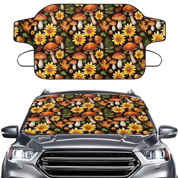 Xoenoiee Mushroom Sunflower Maple Leaves Print Car Windshield Cover for Ice and Snow, Heavy Duty Windshield Snow Cover Thanksgiving Decor Front Window Frost Hail Protector for Car, Truck, SUV, Van