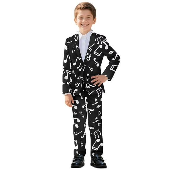 Xoenoiee Music Note Print Boys' 2-piece Formal Suit Set, Single Breasted Jacket & Straight Leg Dress Pants with Functional Pockets, 9-10 Years