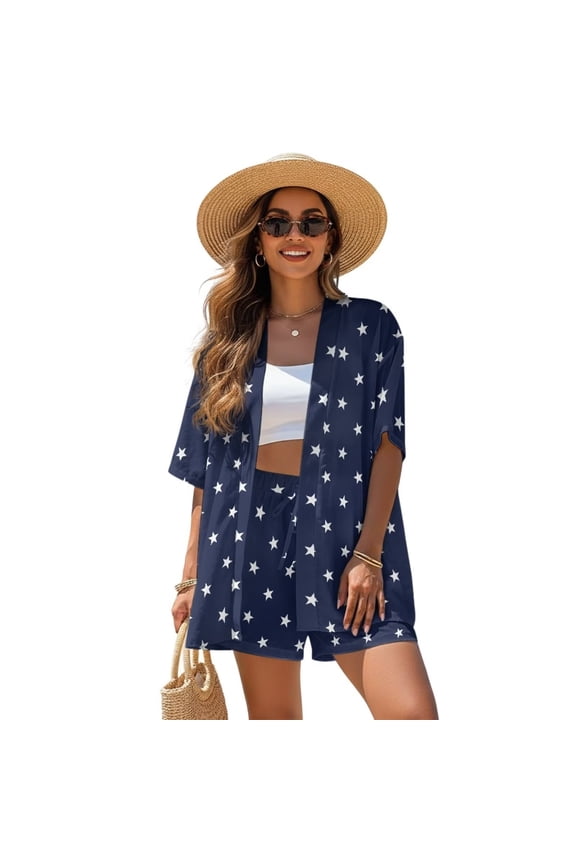 Navy Blue Star Print Women's 2 Piece Outfits Cardigan Sweaters Lightweight Half Sleeve Open Front Cardigan with High Waist Shorts for Spring Summer, L