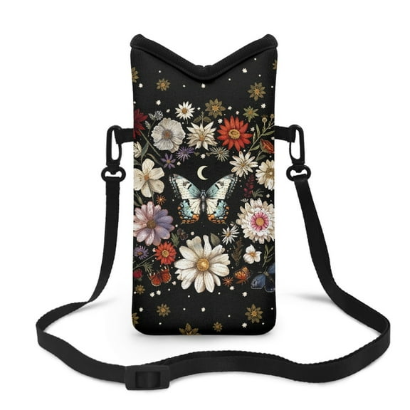 Xoenoiee Neoprene Cellphone Crossbody Bag Portable Phone Sleeve Case with Adjustable Strap and Hook Loop Fastener Stylish Phone Purse, 4 X 8 Inch, Butterfly Floral Moon Black