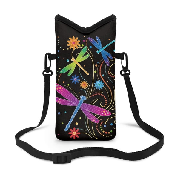 Xoenoiee Neoprene Cellphone Crossbody Sleeve Pouch Top Opening Phone Bag Hook and Loop Fastener Cellphone Shockproof Purse with Adjustable Strap, 4 X 8 Inch, Dragonfly Flower Colored Line