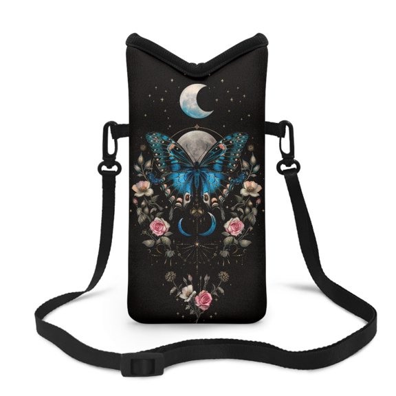 Xoenoiee Neoprene Phone Pouch Stylish Portable Cellphone Bag with Removable Detachable Carrying Strap, Hook Loop Fastener Waterproof Cellphone Purse, 4 X 8 Inch, Butterfly Rose Moon Black Starry Sky