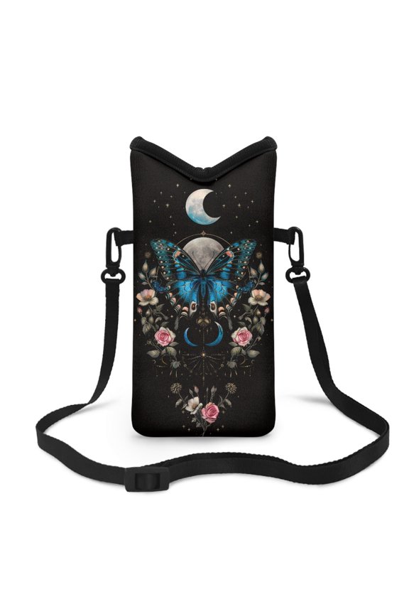 Neoprene Phone Pouch Stylish Portable Cellphone Bag with Removable Detachable Carrying Strap, Hook Loop Fastener Waterproof Cellphone Purse, 4 X 8 Inch, Butterfly Rose Moon Black Starry Sky