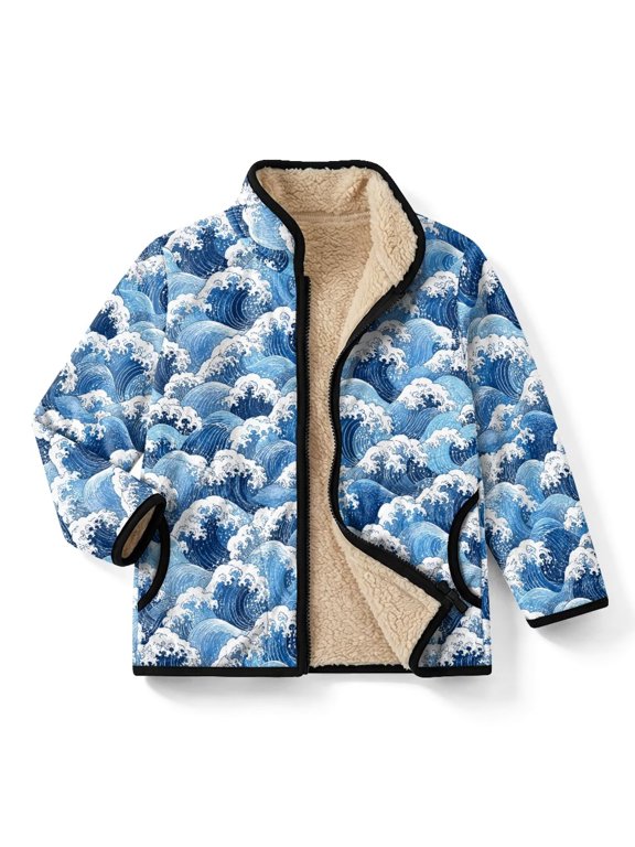 Ocean Wave Print Full Zip Jacket for Girls Boys No Hood Loose Sweatshirt 2026 Zip up Y2k Jackets Coat Casual Long Sleeve Outerwear Fall Winter Jackets with Pockets, 4 Years