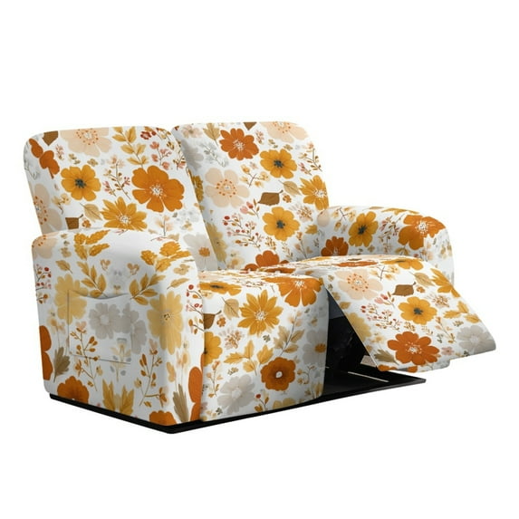 Xoenoiee Orange Yellow Flowers Print Reclining Loveseat Cover, 6 Piece Polyester Fabric Stretch Loveseat Reclining Sofa Covers, Washable Furniture Protector with Elastic Bottom