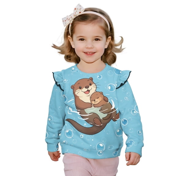 Xoenoiee Otter Bubble Print Sweatshirts Toddler Long Sleeve Crew Neck Shirts Fall Spring Pullover Top Drop Shoulder Sweater, Size 1-2 Years