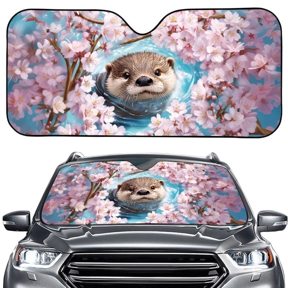 Xoenoiee Otter Cherry Blossom Print Car Windshield Sun Shade, Reflector Sunshade Car Interior, Cool Reflective Sun Blocker Fits Sedans SUV Vehicles