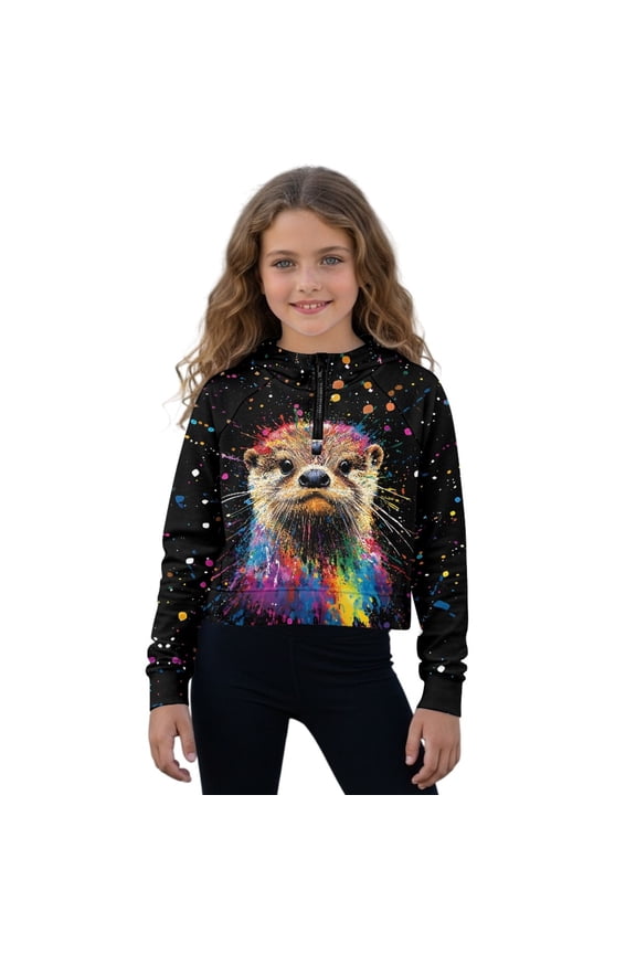 Otter Paint Splatter Print Girls 1/4 Zip Hoodies Oversized Sweatshirts Kids Fashion Fleece Drop Shoulder Pullover Quarter Zip Crop Tops, 7-8 Years