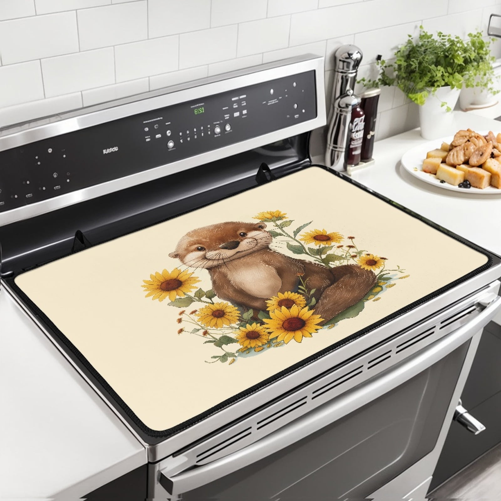 Xoenoiee Otter Sunflower Print Electric Stove Cover for Stove Top, Non-Slip Silicone Stove Mat for Glass Top Stove Cover Protector, Heat Resistant Induction Cooktop Protector