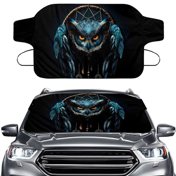 Xoenoiee Owl Dreamcatcher Print Windshield Cover for Ice and Snow, Waterproof Frost Ice and Snow Easy Installation with Straps All-Weather Fit for Cars SUVs