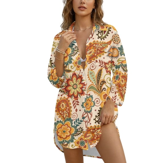 Xoenoiee Paisley Flower Print Womens Swimsuit Coverup Button Down Bathing Suit Cover Up Swimwear Long Sleeve Beach Shirt Dress Plus Size, XL