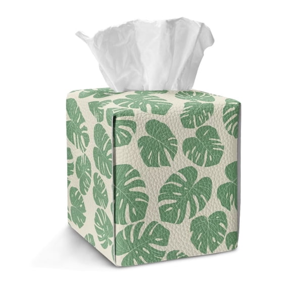 Xoenoiee Palm Leaf Print Tissue Box Cover Square PU Leather Tissue Box Cover Holder with Bottom Snap Decorative Organizer for Tabletop, Bathroom, Car, Office, Kitchen