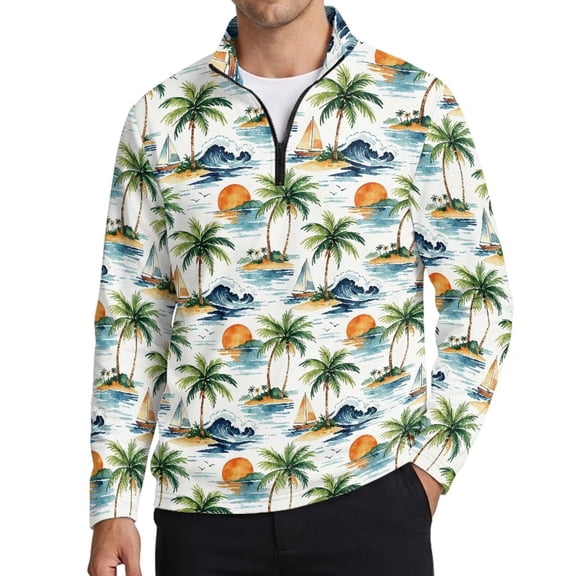 Xoenoiee Palm Tree Boat Sunset Wave Print Mens Golf Shirts Long Sleeve Golf Tennis Shirts Quarter Zip T-shirts Stretchy Activewear Tops Fall Winter Sport Tee Tops Quick Dry Workout Shirt, S