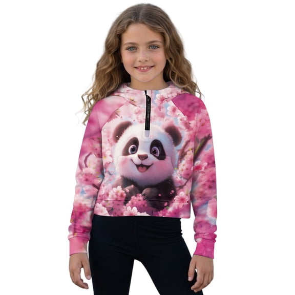Xoenoiee Panda Cherry Blossom Print Girls Half Zip Hoodie Sweatshirt Zip Up Pullover Long Sleeve Top with Pocket for Fall Winter, 7-8 Years