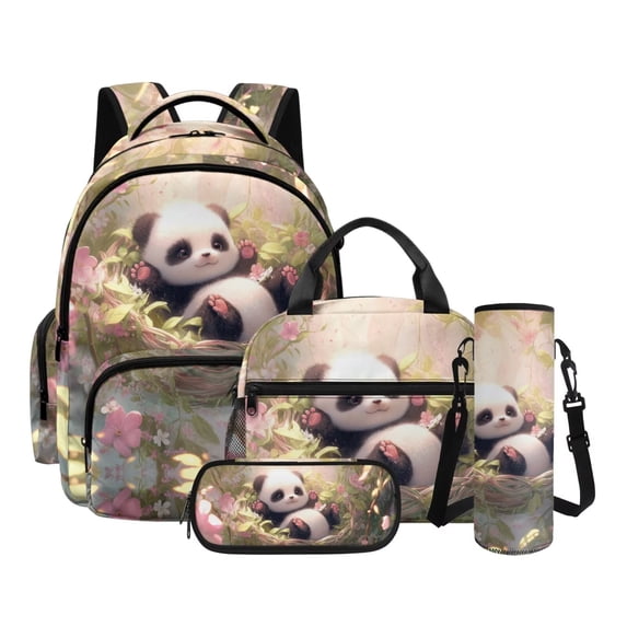 Xoenoiee Panda Flower Leaves Print 4 Pcs School Backpack Set for Kids Large School Bag with Lunch Box Pencil Case Water Bottle Sleeve, Portable Bookbag Teen Student Back Packs Satchel Bagpack