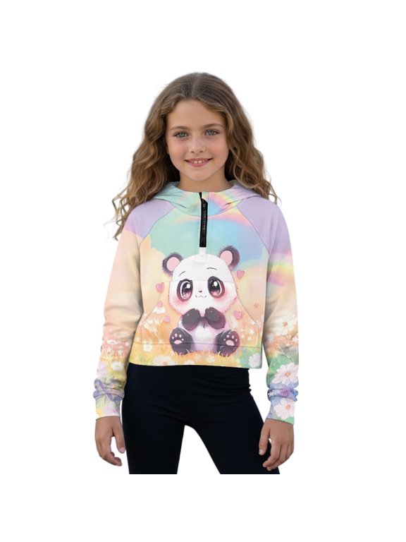 Panda Heart Daisy Flower Print Girls Sweatshirt Kids Long Sleeve Hoodie Oversized Fashion Pullover Tops Half Zipper Crop Tops Fall Clothes, 9-10 Years