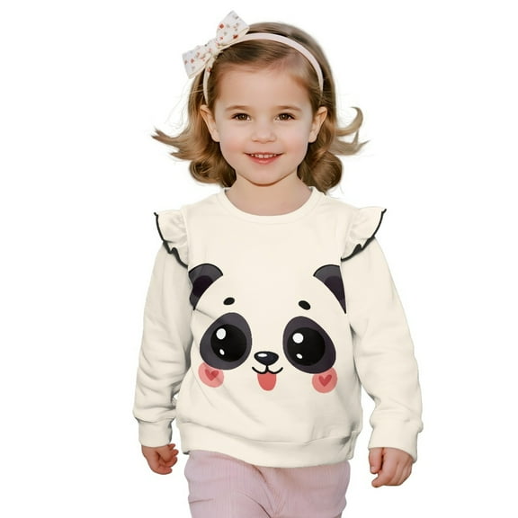 Xoenoiee Panda Heart Print Baby Girl Long Sleeve Pullover Crewneck Sweatshirt Sweater Oversized Ruffle Shirts Fall Clothes, Size 5-6 Years