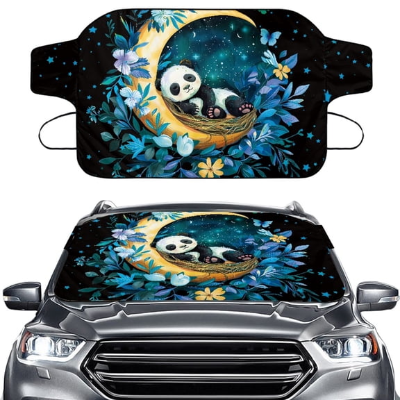 Xoenoiee Panda Moon Flower Leaves Print Car Windshield Cover for Ice and Snow, Windshield Snow Cover for Snow, Ice, UV, Car Windshield Cover Universal Fits Most Cars, Trucks, Vans, SUVs