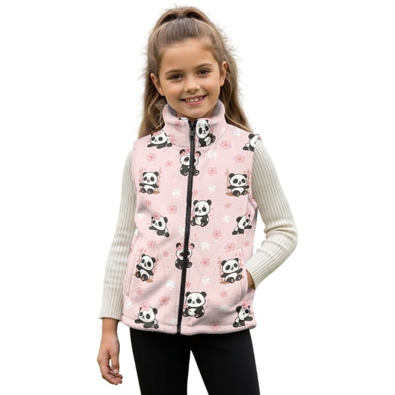 Xoenoiee Panda Paw Cherry Blossom Print Girls Fuzzy Fleece Vest Trendy Zip Up Sleeveless Sherpa Jacket Stand Collar Winter Coat Outerwear with Pockets, 2T