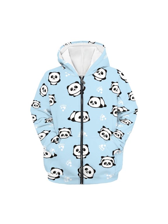 Panda Print Kids Casual Sweatshirt Zip up Hooded Sports Jacket with Pocket Boys Girls Teens Long Sleeve Athletic Hoodie Outwear, 14-16 Years