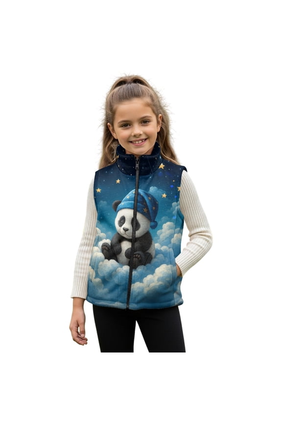 Panda Star Cloud Print Kids Warm Winter Vest, Sleeveless Polar Fleece Jacket with Zipper, Stand Collar Outerwear with Pockets for Toddler Girls, 2T