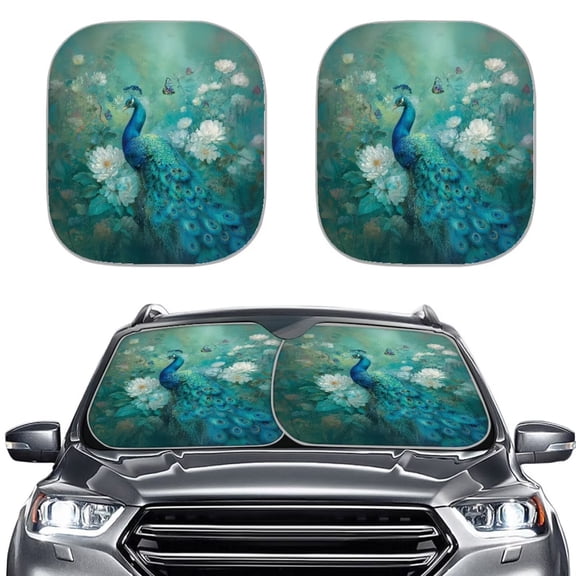 Xoenoiee Peacock Butterfly Peony Flower Print 2 PCS Windshield Sun Shade Foldable Car Front Window Covers for Car Accessories Sun Heat UV Rays Visor Protector Protection for Universal Cars SUV Truck