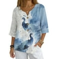 thumbnail image 1 of Xoenoiee Peacock Cloud Print Linen Button Down Shirt for Women 3/4 Sleeve V Neck Blouses Casual Summer Loose Fit Cotton Gauze Blouses, 3XL, 1 of 7