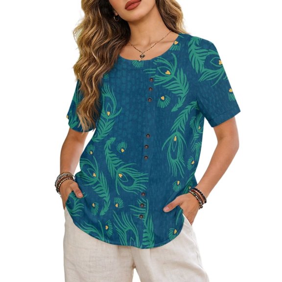 Xoenoiee Peacock Feather Print Women's Linen Shirt Round Neck Tunic Top Button Down Short Sleeve Blouses Tops Lightweight Loose T Shirts Spring Summer Basic Tees, XL