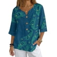 thumbnail image 1 of Xoenoiee Peacock Feathers Print Womens Tops Dressy 3/4 Length Sleeve Henley V Neck Button Down Shirts Pleated Gauze Blouses Plus Size, S, 1 of 7